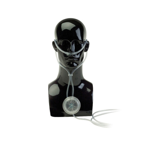 Black mannequin head with a transparent face shield on a white background
