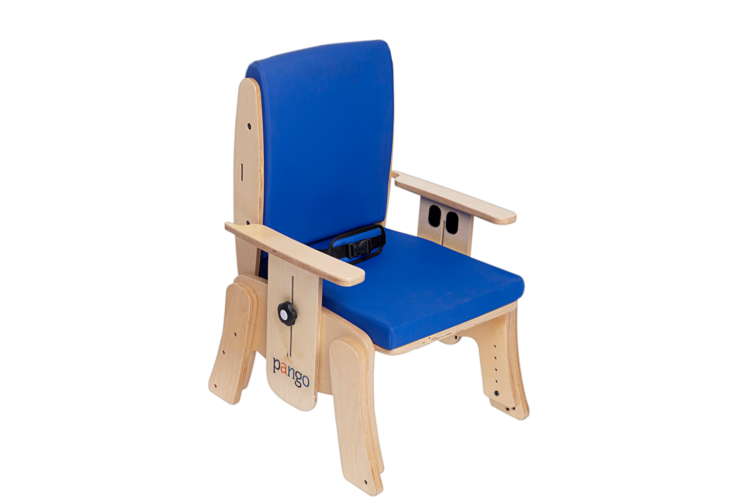 Blue chair with wooden frame on a white background