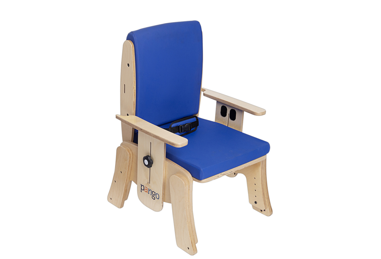Blue chair with wooden frame on a white background