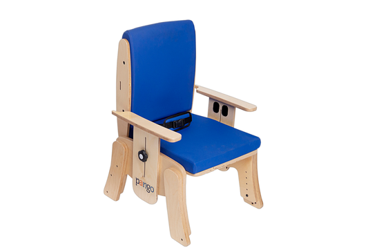 Blue chair with wooden frame on a white background