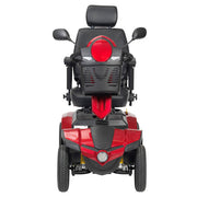 Red and black mobility scooter on a white background