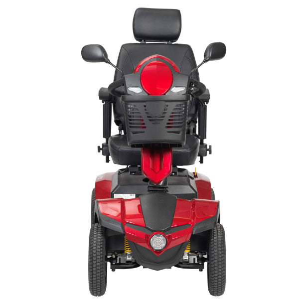 Red and black mobility scooter on a white background