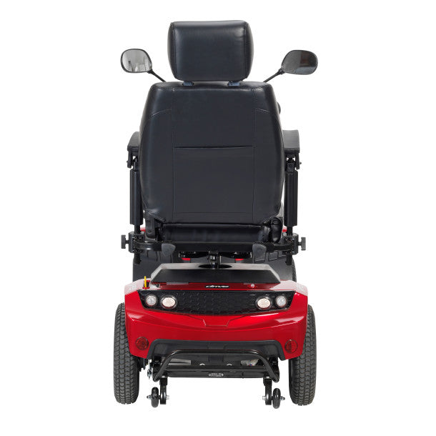 Red and black electric wheelchair on a white background