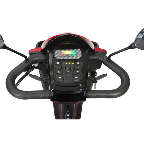 Close-up of a motorcycle handlebar with control panel on a white background