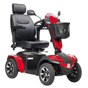 Red and black mobility scooter with a basket on a white background