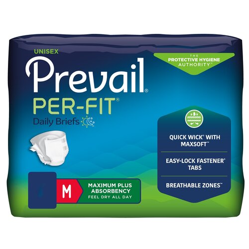 Package of Prevail Per-Fit daily briefs with blue and green design