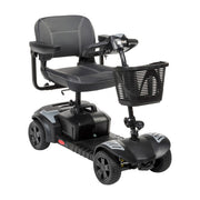 Black mobility scooter with a basket on a white background