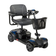 Black mobility scooter with a basket on a white background