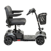 Gray mobility scooter with a basket on a white background