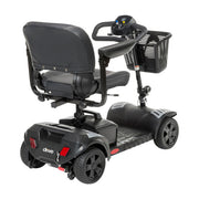 Black mobility scooter with a basket on a white background