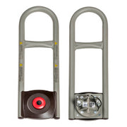 Two gray hand trucks with red and black components on a white background