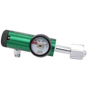 Green oxygen tank with pressure gauge on a white background