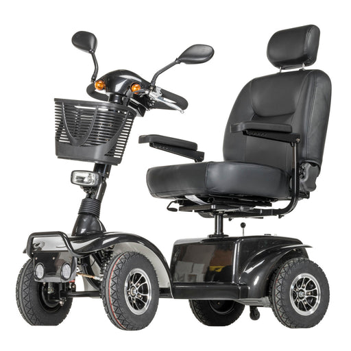 Black mobility scooter with large seat and front basket on a white background