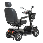 Black mobility scooter with large seat on a white background
