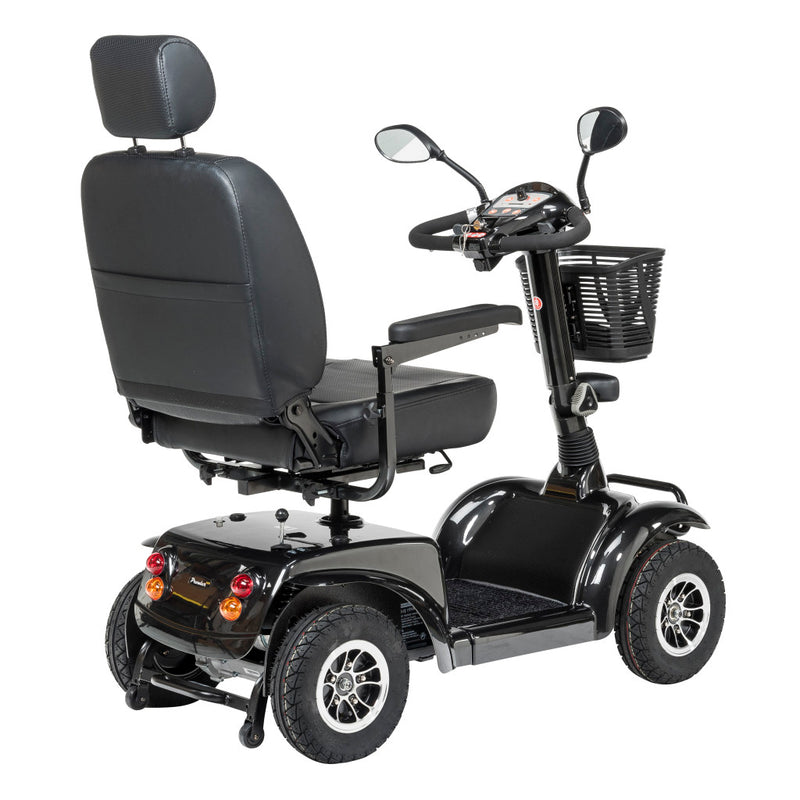 Black mobility scooter with large seat on a white background