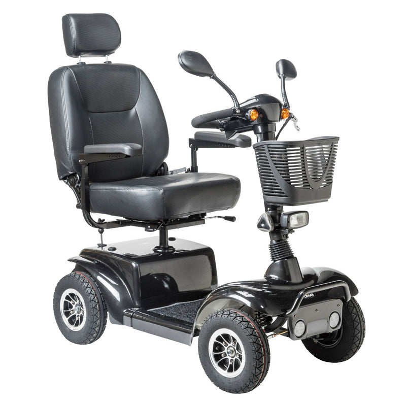 Black mobility scooter with large wheels on a white background