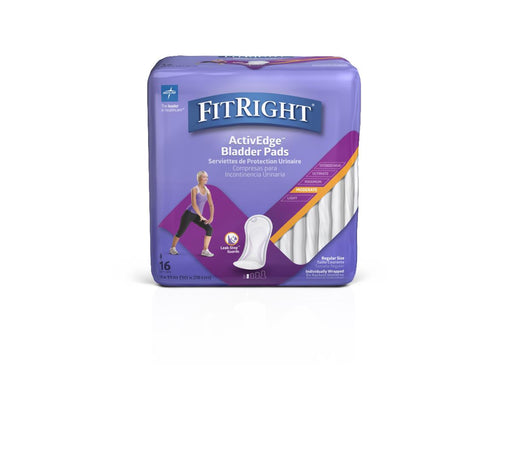 A package of FitRight ActivEdge Bladder Pads, size 16, in a purple and white box with a graphic of a sanitary pad and a woman exercising.