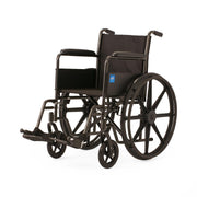 Black wheelchair with a blue logo on a white background