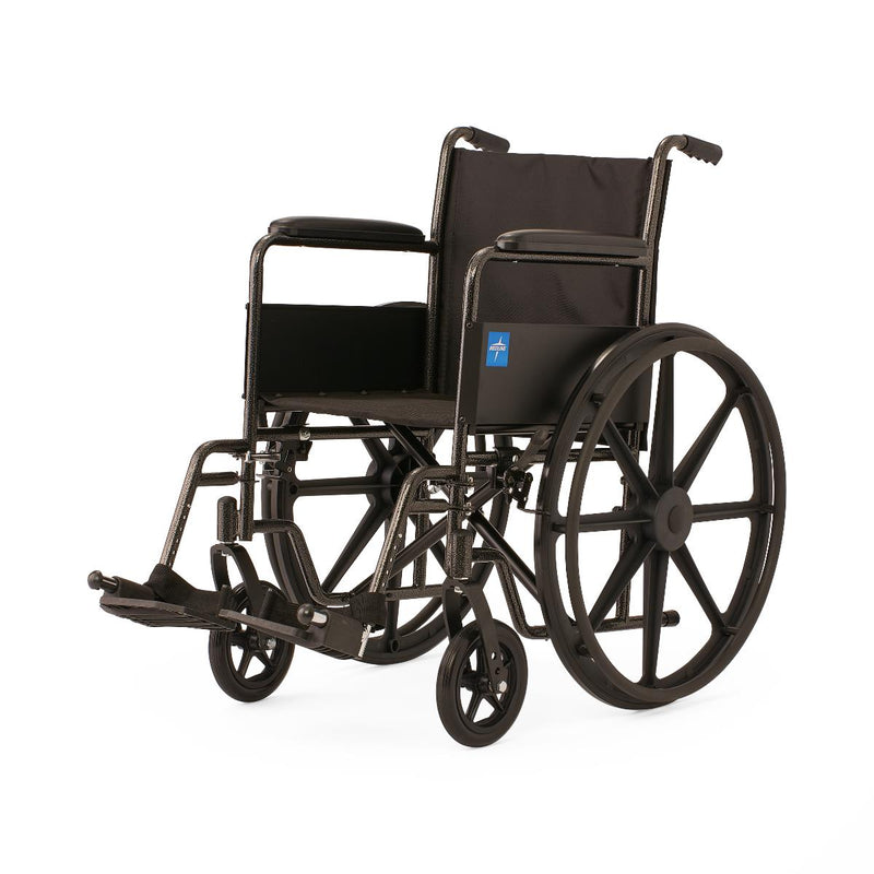 Black wheelchair with a blue logo on a white background