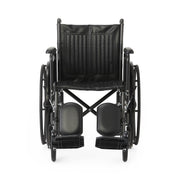 Black manual wheelchair with padded seat and backrest, shown from the front on a plain white background.