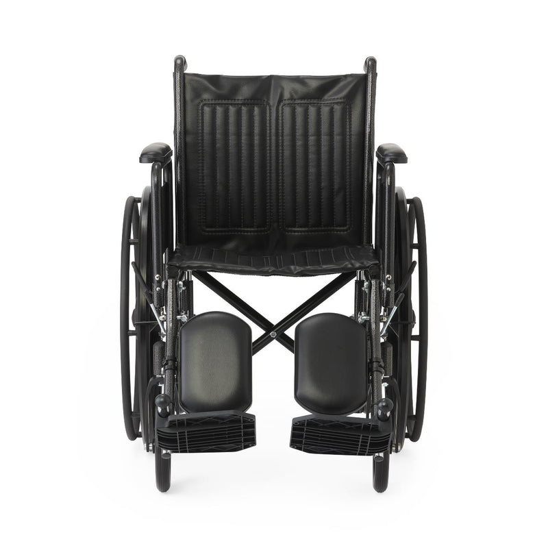 Black manual wheelchair with padded seat and backrest, shown from the front on a plain white background.