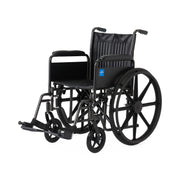 Black wheelchair with a blue logo on a white background