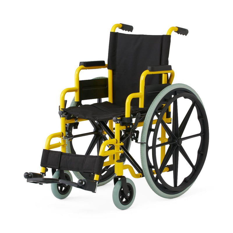 Wheelchair with yellow frame and black seat on a white background