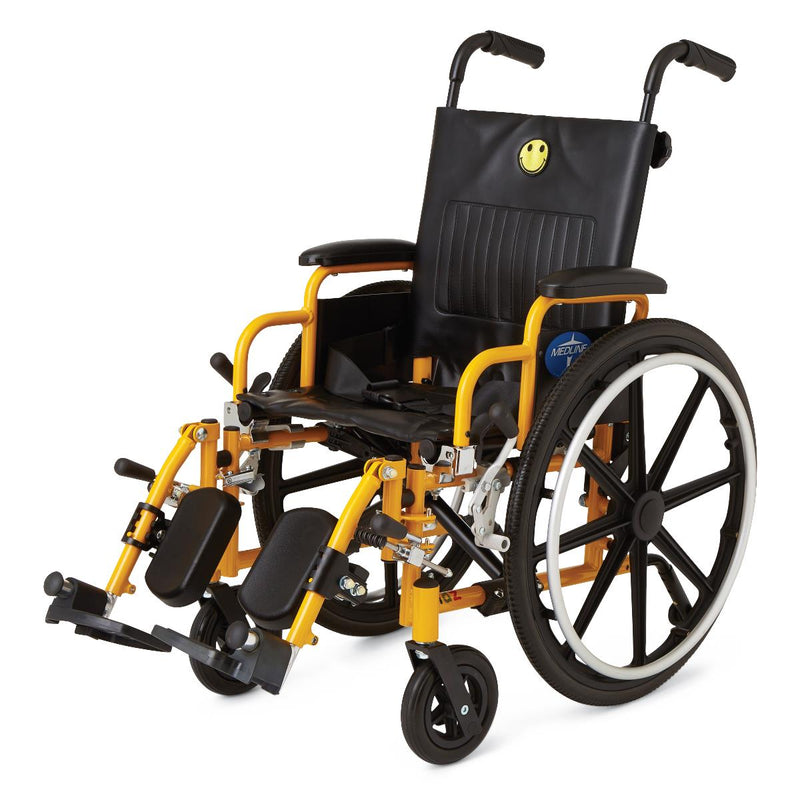 Wheelchair with yellow frame and black seat on a white background