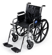 Black wheelchair with armrests and footrests on a white background