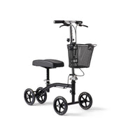 Black knee scooter with basket on a white background
