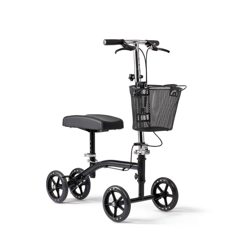 Black knee scooter with basket on a white background