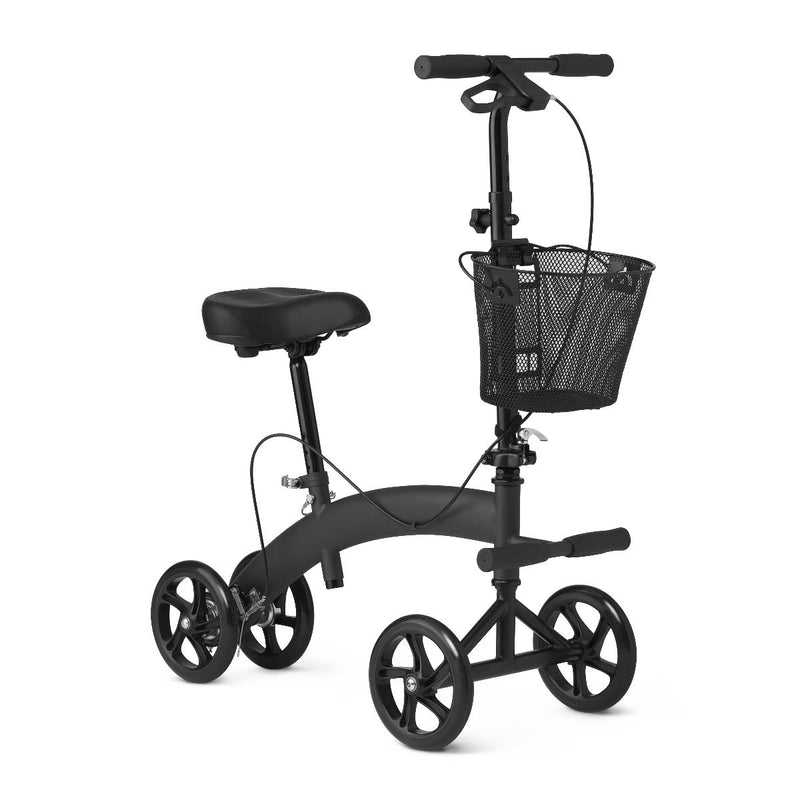 Black knee walker with seat and basket on a white background