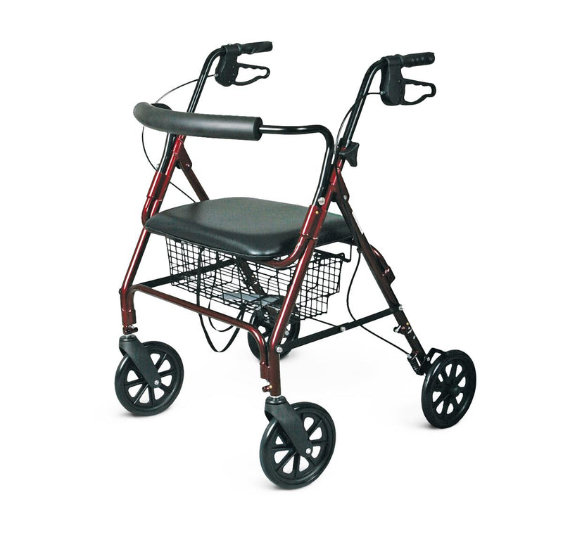 Rollator with four wheels and a seat on a white background