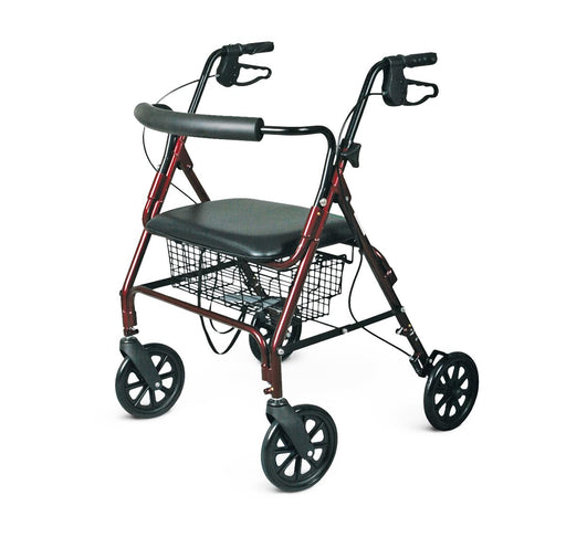 Rollator with four wheels and a seat on a white background