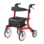 Red and black rollator with a bag on a white background