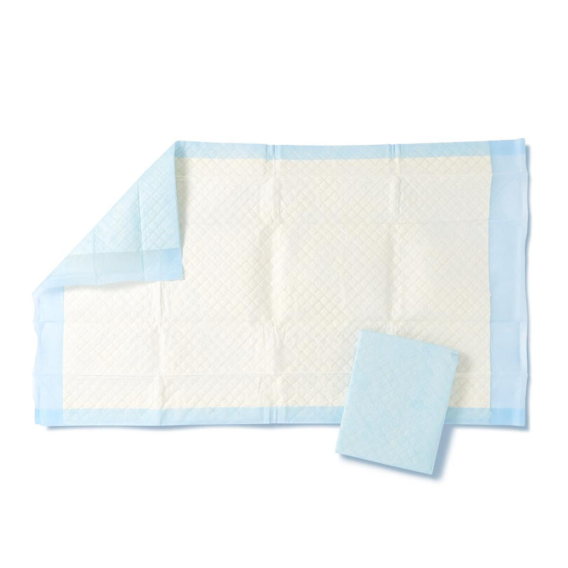 White quilted pad with light blue border and corner on a white background