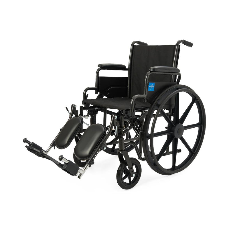 Black wheelchair with a blue logo on a white background