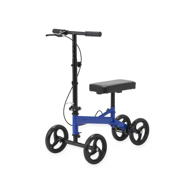 Blue knee scooter with a black seat on a white background