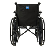 A black manual wheelchair shown from the rear, featuring a black fabric backrest with a small blue and white logo patch, black armrests, and large black wheels on a plain white background.