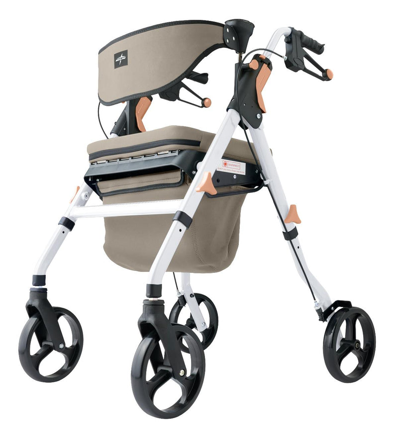A rollator walker with a beige fabric seat and backrest, black wheels, and a white frame with black handlebars, shown on a plain white background.