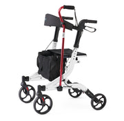 White rollator with black seat and red cane holder on a white background