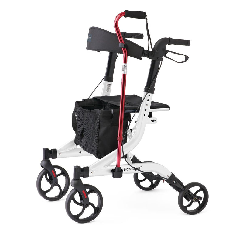 White rollator with black seat and red cane holder on a white background