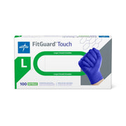Box of Medline FitGuard Touch Nitrile gloves with a blue glove on a white background