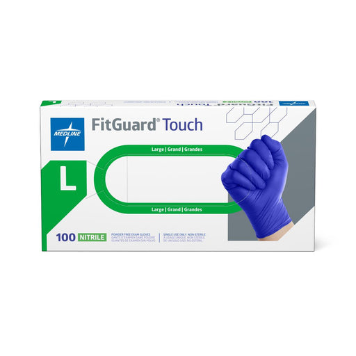 Box of Medline FitGuard Touch Nitrile gloves with a blue glove on a white background