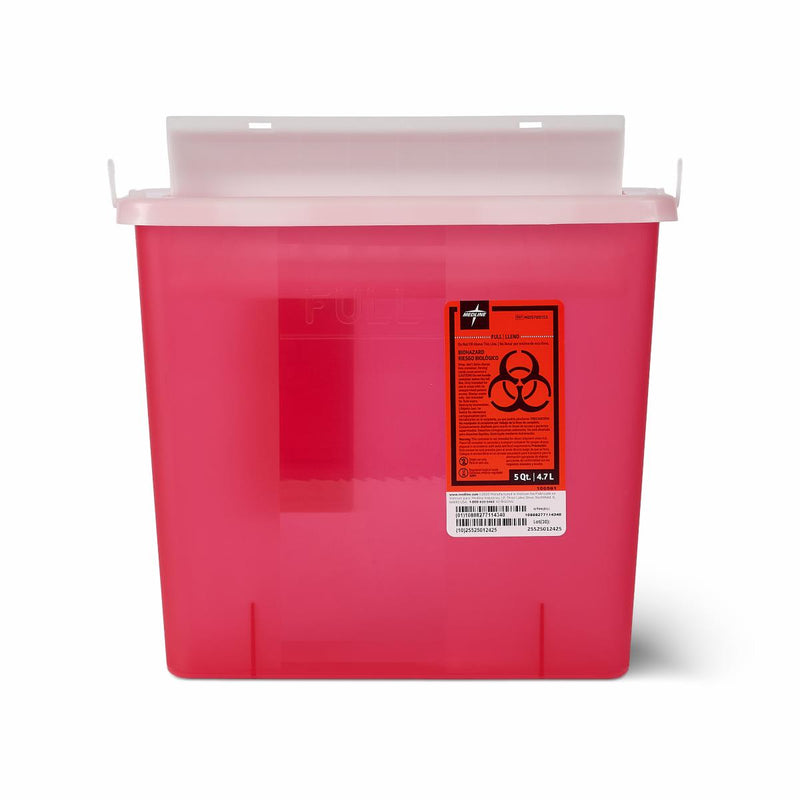Red medical waste bin with biohazard label on a white background