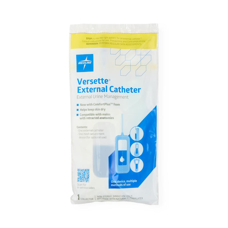 A package of Medline Versette External Catheter for external urine management, shown in its retail packaging against a white background.