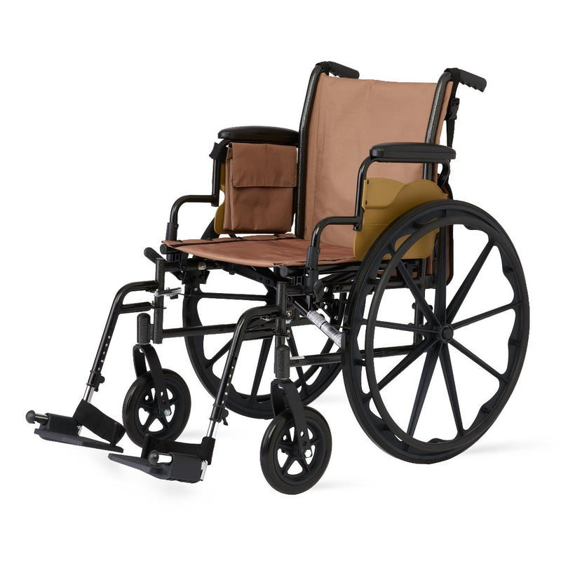 A manual wheelchair with a black metal frame, black wheels, and tan fabric seat and backrest cushions, shown on a plain white background.