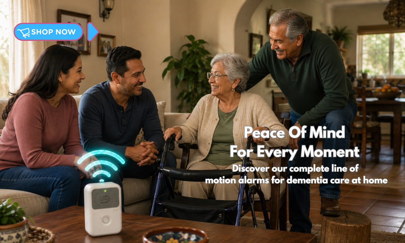 Family gathered around a person using a walker with text about motion alarms for dementia care.