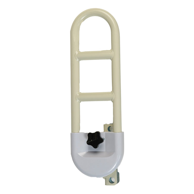 Beige grab bar with a white base on a white background