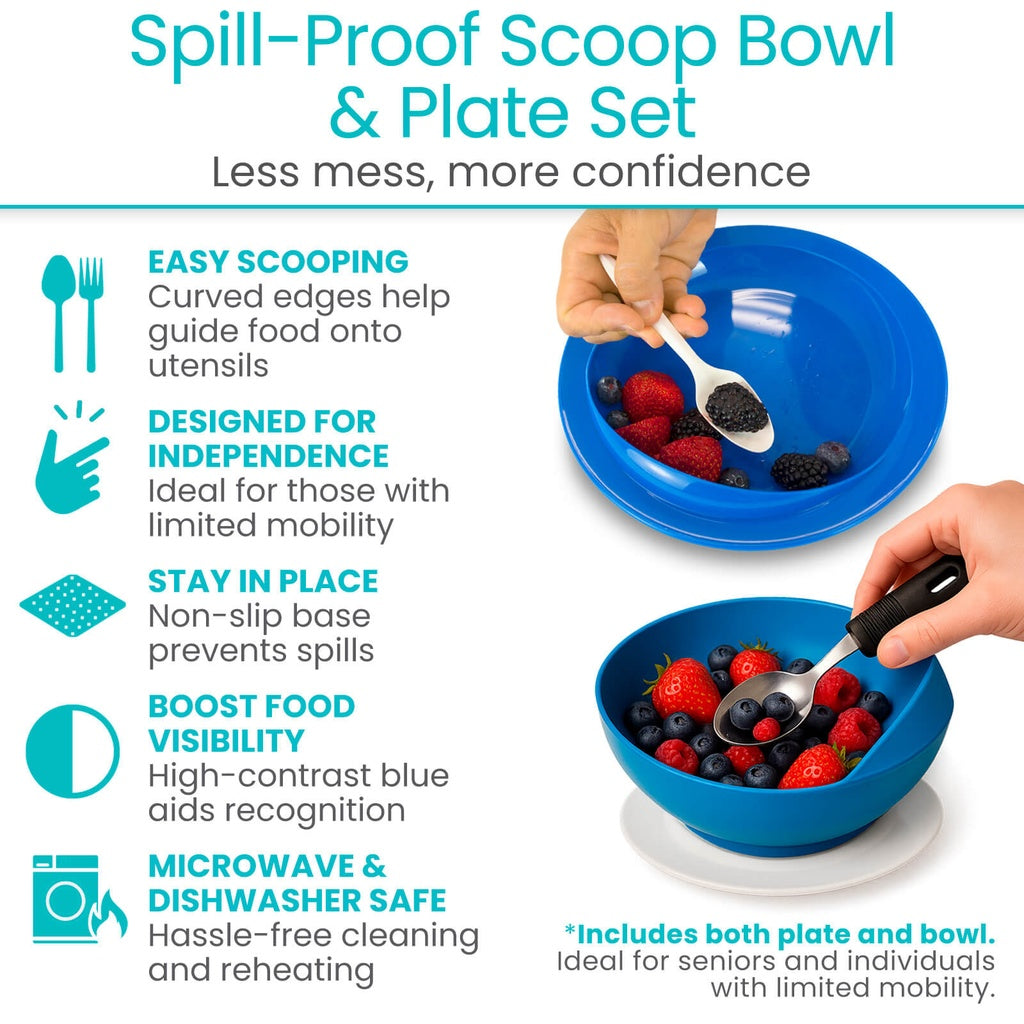 Spill-proof scoop bowl and plate set with features listed on a white background